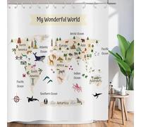 ASDCXZ Shower Curtain Funny 120x200 cm, World Map Cute Animals Funny White Washable Textile Bathroom Curtains Polyester Fabric Waterproof Shower Curtains for Bathtub with 12 Shower Curtain Hooks