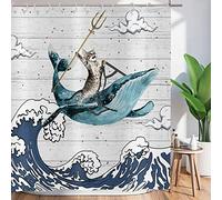 ASDCXZ Shower Curtain Funny 180x200 cm, Cats Ride Whales Sea Wave Washable Funny Textile Bathroom Curtains Polyester Waterproof Shower Curtains for Bathtub with 12 Shower Curtain Hooks