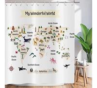 ASDCXZ Shower Curtain Funny 180x200 cm, World Map Cute Animals Funny White Washable Textile Bathroom Curtains Polyester Fabric Waterproof Shower Curtains for Bathtub with 12 Shower Curtain Hooks