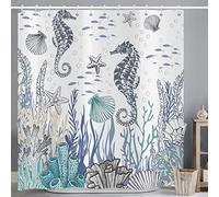 ASDCXZ Shower Curtain Maritim 180x180 cm, Marine Animals Hippocampus Fish Shells Starfish Blue Washable Shower Curtains Polyester Textile Waterproof Shower Curtain for Bathtub with 12 Hooks