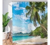 ASDCXZ Shower Curtain Palm Beach 180x200 cm, Summer Seaside Sandy Beach Blue Sky Tropical Plants Washable Shower Curtains Polyester Textile Waterproof Shower Curtain for Bathtub with 12 Hook