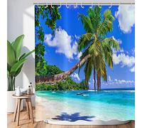 ASDCXZ Shower Curtain Palm Beach 180x240 cm, Summer Seaside Blue Sky Tropical Plants Shower Curtains Washable Polyester Textile Waterproof Shower Curtain for Bathtub with 12 Shower Curtain Hook