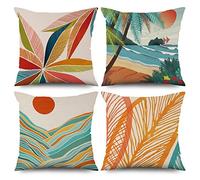 ASDCXZ Spring Cushion Cover 40x40 cm, Set of 4, Boho Abstract Leaves Sun Beige Sofa Decorative Cushion Covers Cushion Cover Washable Polyester Flax Textile Outdoor Upholstery Pillow Case Cushion Cover