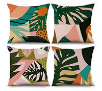 ASDCXZ Spring Pillow Cover 40x40 cm 4pcs Set, Abstract Green Leaves Sun Pink Sofa Cushion Cushion Covers Pillow Cover Washable Polyester Flax Textile Outdoor Upholstery Pillow Cover Pillow Cover