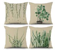 ASDCXZ Spring Pillow Cover 45x45 cm 4pcs Set, Green Eucalyptus Leaves Cactus Aloe Beige Sofa Deco Pillow Covers Pillow Cover Washable Polyester Flax Textile Outdoor Pillow Cover Pillow Cover