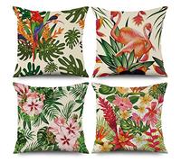 ASDCXZ Spring Pillow Cover 45x45 cm 4pcs Set, Green Leaves Pink Flower Flamingo Sofa Decorative Cushion Covers Pillow Cover Washable Polyester Flax Textile Outdoor Upholstery Pillow Cover Pillow Cover