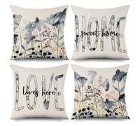 ASDCXZ Spring Pillow Cover Set, 50x50 cm, 4pcs, Fresh Watercolor Flower Pattern Blue Sofa Deco Pillow Covers, Washable Polyester Flax Textile Outdoor Upholstery