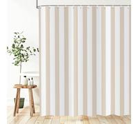 ASDCXZ Striped Shower Curtain 120x180 cm, Modern Minimalist Japanese Style Beige White Vertical Stripes Waterproof Bath Curtain Polyester Textile Washable Shower Curtains for Bathtub with 8 Hooks