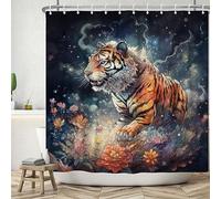 ASDCXZ Tiger Shower Curtain 180x200 cm, Art Watercolor Dominant Tiger Animal Rose Colorful Flowers Bath Washable Shower Curtains Polyester Textile Waterproof Bath Curtain for Bathtub with 12 Hooks