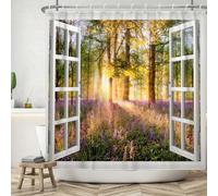 ASDCXZ Window View Shower Curtain 180x180 cm, Spring Purple Flowers Green Forest Jungle Sunshine Bath Washable Shower Curtains Polyester Textile Waterproof Bath Curtain for Bathtub with 12 Hooks