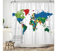 ASDCXZ World Map Shower Curtain 180x180 cm, Modern Simplicity Colorful World Map White Bath Washable Shower Curtains Polyester Textile Waterproof Bath Curtain for Bathtub with 12 Hooks