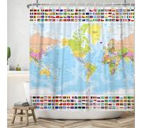 ASDCXZ World Map Shower Curtain 180x180 cm, Modern Simplicity World Map Global National Flag Washable Shower Curtains Polyester Fabric Waterproof Anti Mold Shower Curtain for Bathtub with 12 Hooks