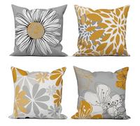 ASDCXZ Yellow Cushion Cover, 45 x 45 cm, Set of 4, Modern Yellow Grey Floral Pattern, Sofa Decorative Cushion Covers, Washable Polyester Flax Textile, Outdoor Pillowcase Cushion Cover