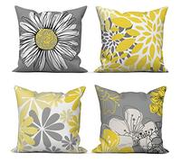 ASDCXZ Yellow Cushion Covers 50x50 cm 4er Set, Northern Europe Modern Flowers Yellow Grey Sofa Decoration Cushion Cover Washable Polyester Linen Textile Upholstery Pillow Cover Case