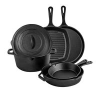 Asderote 6 Piece Pre-Seasoned Cast Iron Cookware Set - Incl. 5QT Dutch Oven with Lid, 8'' and 10.25'' Cast Iron Skillets, 10.5'' Round Griddle, and a Square Grill Pan for Kitchen, Stovetop, & Camping