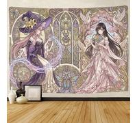 ASDFGHJKLZA Art Nouveau Anime Wall Tapestry 3D Printed Magic Witch Wall Hanging Decor Stained Glass Tapestry for Bedroom Aesthetic Room Decor 150cmx200cm