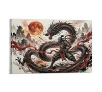 ASDFGHJKLZA Japanese Ninja Warrior Canvas Wall Art Prints Oriental Dragon Red Moon Home Decoration Art 16x24inch(40x60cm)