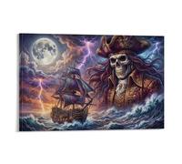 ASDFGHJKLZA Skeleton Pirate Canvas Wall Art Ghost Ship Full Moon Stormy Sea Canvas Painting Print 16x24inch(40x60cm)
