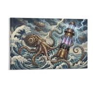 ASDFGHJKLZA Steampunk Kraken Octopus Canvas Wall Art Nautical Lighthouse Storm Home Decoration Art 20x30inch(50x75cm)