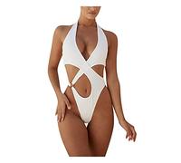 ASDFK Women's Cut Out Ring Linked One Piece Swimsuit Bathing Suit One Piece Swimwear Plain Color Keyhole Cross Front Monokini (White, S)