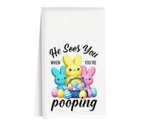 ASDFKVFR Easter Bunny Hand Towels for Bathroom, Funny Easter Bathroom Decor, He Sees You When You're Pooping Egg Bunny Waffle Weave Hand Towel for Toilet Home Holiday Decor 16x24 Inch