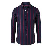 ASDFS Mens Business Shirt Mens Classic Vertical Stripes Shirt Long Sleeve Mens Collar Button Placket Striped Shirt Mens Slim Fit Causal Shirt E-Navy XL