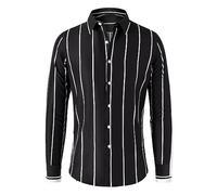 ASDFS Mens Business Shirt Mens Classic Vertical Stripes Shirt Long Sleeve Mens Collar Button Placket Striped Shirt Mens Slim Fit Causal Shirt B-Black L