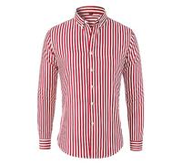 ASDFS Mens Business Shirt Mens Classic Vertical Stripes Shirt Long Sleeve Mens Collar Button Placket Striped Shirt Mens Slim Fit Causal Shirt J-Red M