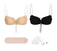 ASDIIT 2 Pairs Reusable Stick on Bra, Invisible Sticky Bra, Strapless Push up Bras for Wedding, Party, Enhance Cleavage Lift（with Transparent Straps）