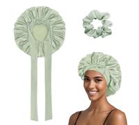 ASDIIT Double Layer Bow Silk Bonnet for Sleeping, Adjustable Curly Hair Satin Bonnet & Silk Hair Tie, Self Care Gifts for Women Men(green)