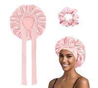 ASDIIT Double Layer Bow Silk Bonnet for Sleeping, Adjustable Curly Hair Satin Bonnet & Silk Hair Tie, Self Care Gifts for WomenMen(pink)