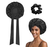 ASDIIT Double Layer Bow Silk Bonnet for Sleeping, Adjustable Curly Hair Satin Bonnet & Silk Hair Tie, Self Care Gifts for Women Men(black)
