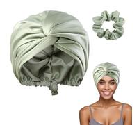 ASDIIT Double Layer Silk Bonnet for Sleeping, Adjustable Curly Hair Satin Bonnet & Silk Hair Tie, Self Care Gifts for Women Men(green)