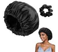 ASDIIT Double Layer Silk Bonnet for Sleeping, Adjustable Curly Hair Satin Bonnet & Silk Hair Tie, Self Care Gifts for Women Men(black)