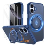 Asdsinfor Spin Magnetic Stand for iPhone 16 Case Compatible with Wireless Charging Shockproof Slim Cover with 2 Screen Protector Rotatable Kickstand Ring for Apple iPhone 16. XZ Blue