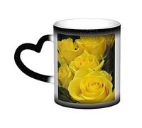 Aseelo Heat Changing Ceramic Mugs Yellow Roses Coffee Cups with Heart-Shaped Handle for Coffee, Drink, Tea, Xmas Party Decoration, Fun Gift