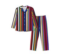 ASEELO Men's Long-Sleeved Pajama Set Colored Stripes Vertical Long Sleeve Top and Bottoms Pyjamas Comfortable and Breathable Nightwear Pjs L