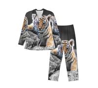 ASEELO Men's Long-Sleeved Pajama Set Cute Tiger Cub Long Sleeve Top and Bottoms Pyjamas Comfortable and Breathable Nightwear Pjs M