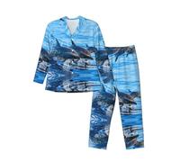 ASEELO Men's Long-Sleeved Pajama Set Dolphin Family Long Sleeve Top and Bottoms Pyjamas Comfortable and Breathable Nightwear Pjs M