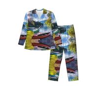 ASEELO Men's Long-Sleeved Pajama Set Lake with Boats Canoes Park Long Sleeve Top and Bottoms Pyjamas Comfortable and Breathable Nightwear Pjs L