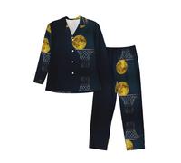 ASEELO Men's Long-Sleeved Pajama Set Moon and Basketball Long Sleeve Top and Bottoms Pyjamas Comfortable and Breathable Nightwear Pjs L