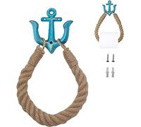 ASEELO Nautical Rope Toilet Paper Holder, Wall-Mounted Towel Ring, Vintage rope Toilet Roll Holder, Metal Anchor Hook Design, for Beach Themed Bathroom Decor (Blue)