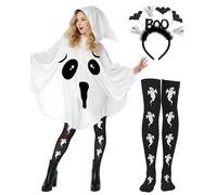 Asekonc Helloween Ghost Costume Women,Ghost Poncho Adult Spooky Ghosts Costume White Ghosts Hooded Cape Headband Stockings for Halloween Role-playing Accessories