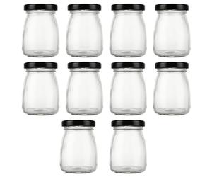 ASelected 10Pcs Clear Glass Bottles With Pretty Black Lids 100 Ml Pudding Yogurt Pots Small Jars for Snacks, Candies, DIY Projects