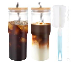 ASelected 2 Pcs Glass Tumbler, 24 Oz, Glass Cups with Lids and Straws, Reusable, 700ml, Ideal for Home, Travel, Gift