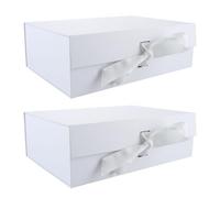 ASelected 2Pcs Magnetic Gift Box, 32.2x23x10.5cm Luxury Paper Wedding Favor Boxes, Medium Gift Box with Lids and Ribbon for Presents, Birthday, Anniversary, Festival- White