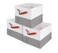 ASelected 3 Pack Large Hamper Baskets for Shelves with Leather Handle, Off-white Canvas Storage Baskets,17 inch Foldable Bedroom Storage Baskets for Organizing Home,Toys,Office,Clothes,Grey