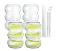 ASelected 4 Pack Vintage Clear Drinking Glasses with Straws Set - Creative Beer Cups Ripple Shaped Aesthetic Glassware for Kitchen Juice Beverage