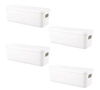 Aselected 4 Pcs Plastic Storage Box, White Storage Boxes with Lids, Small Cupboard Organiser with Handles for Kitchen, Office, Bathroom (28x10x9.2cm)