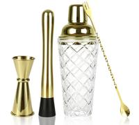 ASelected 4-Piece Glass Cocktail Shaker Set 14oz with Gold Bar Tools